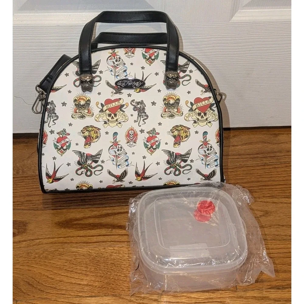 Ed Hardy Y2K Skull White Lunch Tote Container Crossbody Bag Purse Insulated NWT